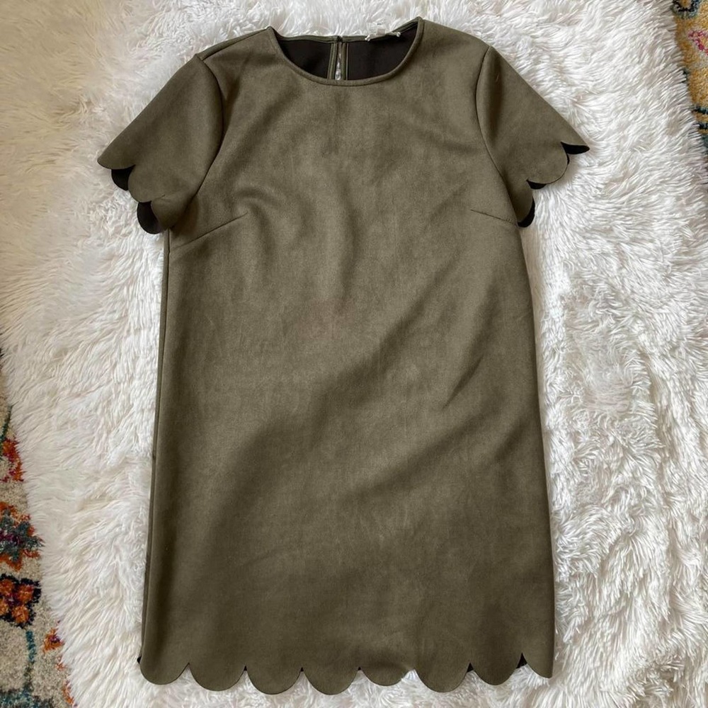Entro Olive Green Scallop Shirt Knee Length Dress Suede Womens Small